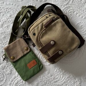 Stylish Tan and Green Canvas Crossbody Bags